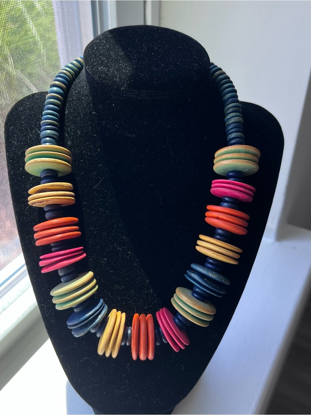 Multicolor Coconut Bead Statement Necklace Artisan Tribal Style Rainbow